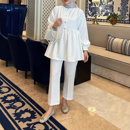 Damen Elegantes Tunika‑Hosen‑Set mit geraffter Empire‑Tunika und schlanker Anzughose Shop Nory