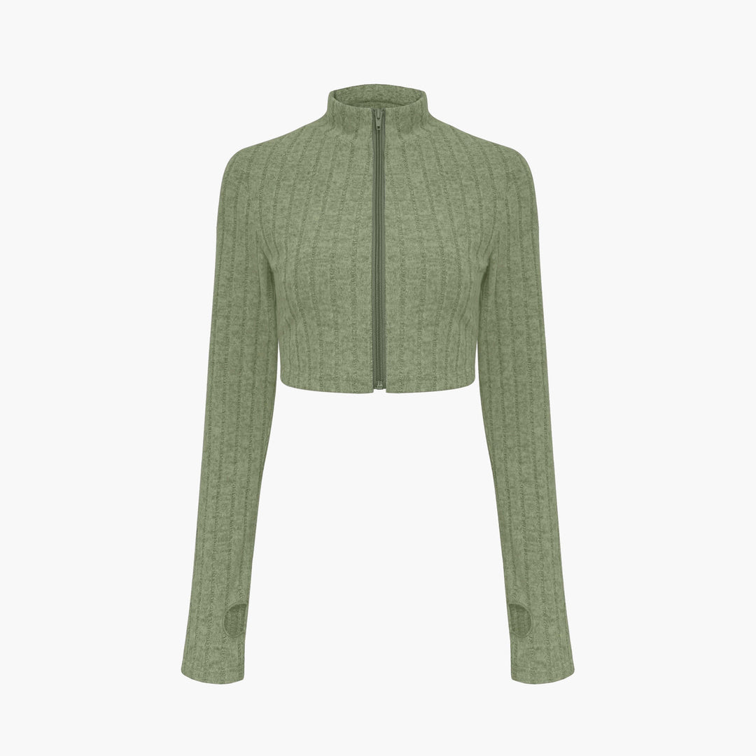 Damen Gerippter Strick-Zweiteiler mit Cropped Reißverschluss-Cardigan und High‑Waist Schlaghose Shop Nory