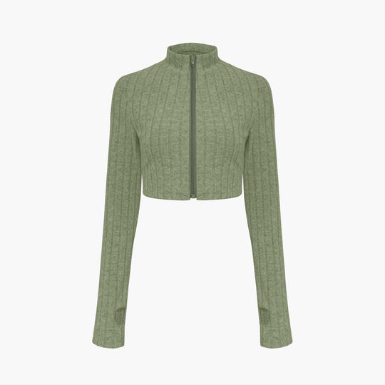 Damen Gerippter Strick-Zweiteiler mit Cropped Reißverschluss-Cardigan und High‑Waist Schlaghose Shop Nory