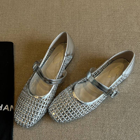 Damen geschlossene Ballerinas mit festem Riemen und geflochtenem Obermaterial