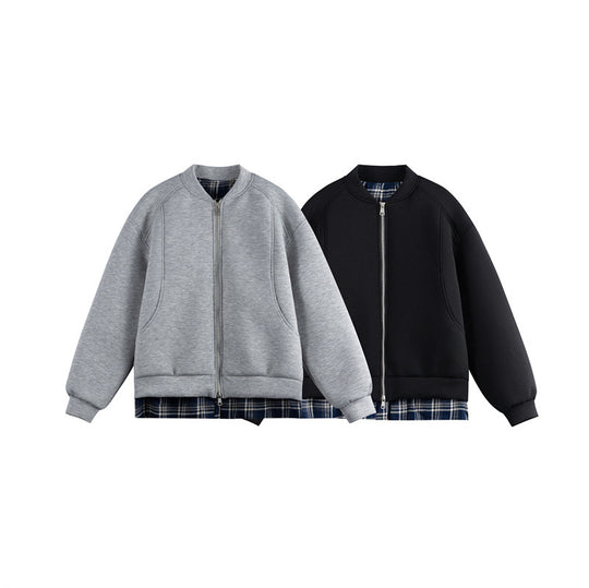 Damen Zwei‑in‑Eins Bomber‑Sweatjacke mit Karo‑Layer‑Einsatz und Stehkragen Shop Nory