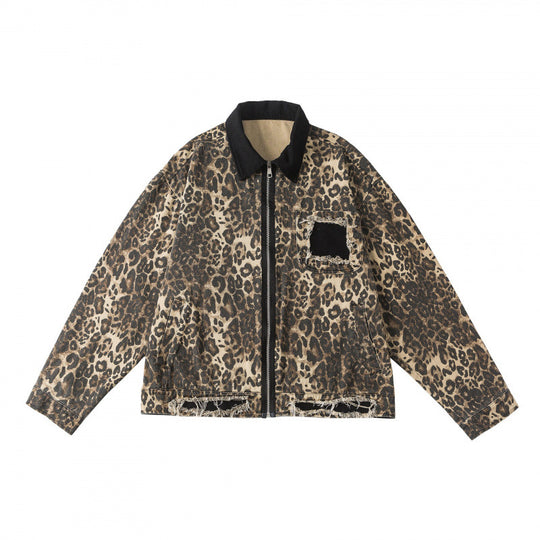 Unisex Kastenförmige Jeansjacke im Leopardenmuster mit Cordkragen, Reißverschluss und Fransenbesatz Shop Nory