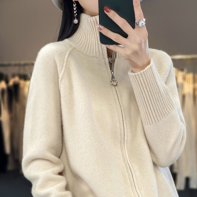 Damen Zip-Cardigan im Kaschmir‑Look mit Stehkragen und gerippten Bündchen Shop Nory