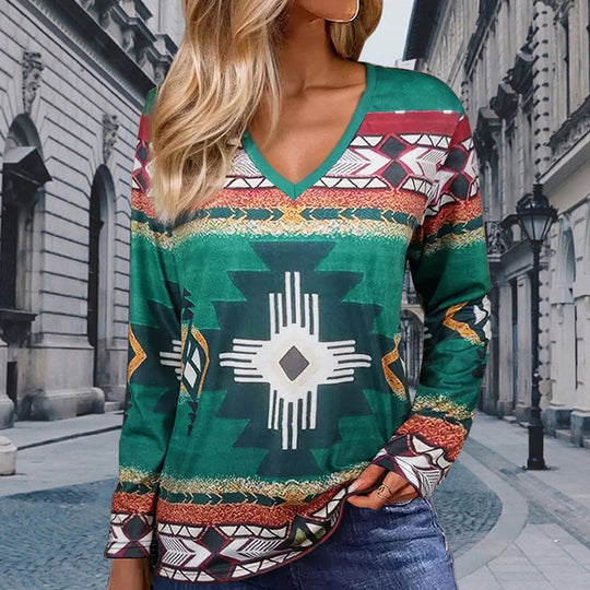 Damen Langarmshirt mit V-Ausschnitt und grafischem Ethno-Print legerer Schnitt Shop Nory