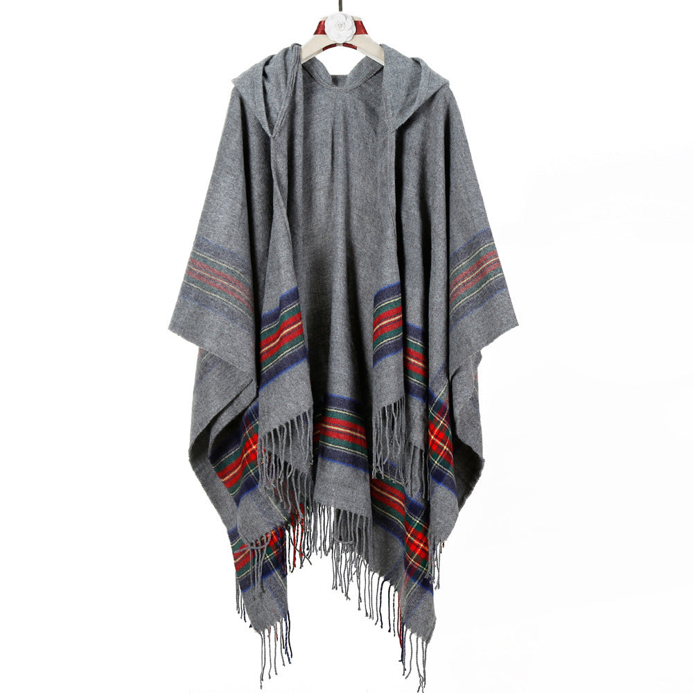 Damen Kapuzen‑Capeponcho im Tartanmuster mit Fransensaum aus weichem Wollmix Shop Nory