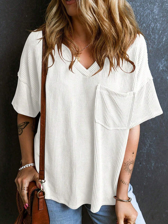 Damen Lässiges Rippstrick Oversize T-Shirt mit V-Ausschnitt und Brusttasche Shop Nory