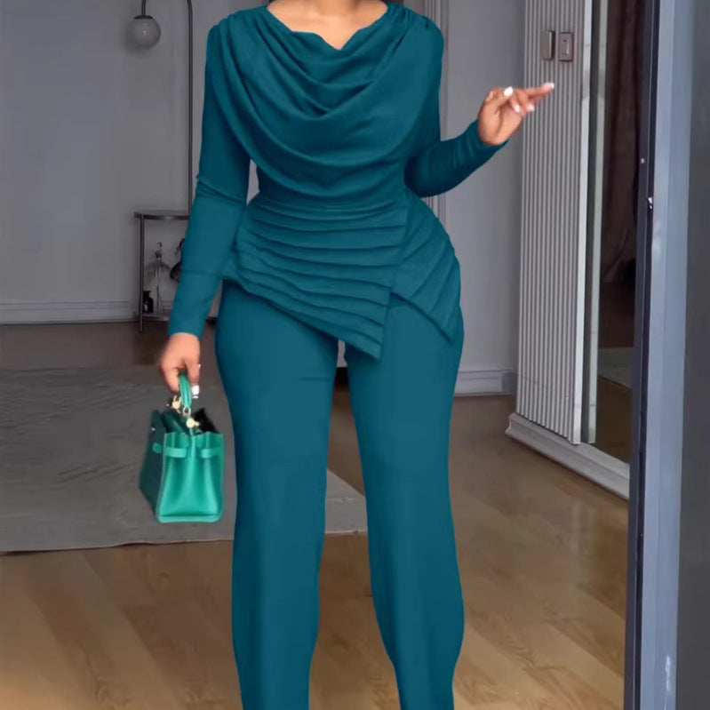 Damen Zweiteiliges Ensemble mit Wasserfall-Drapé-Oberteil, abgestuftem Peplum und gerader Bundfalten-Hose Shop Nory