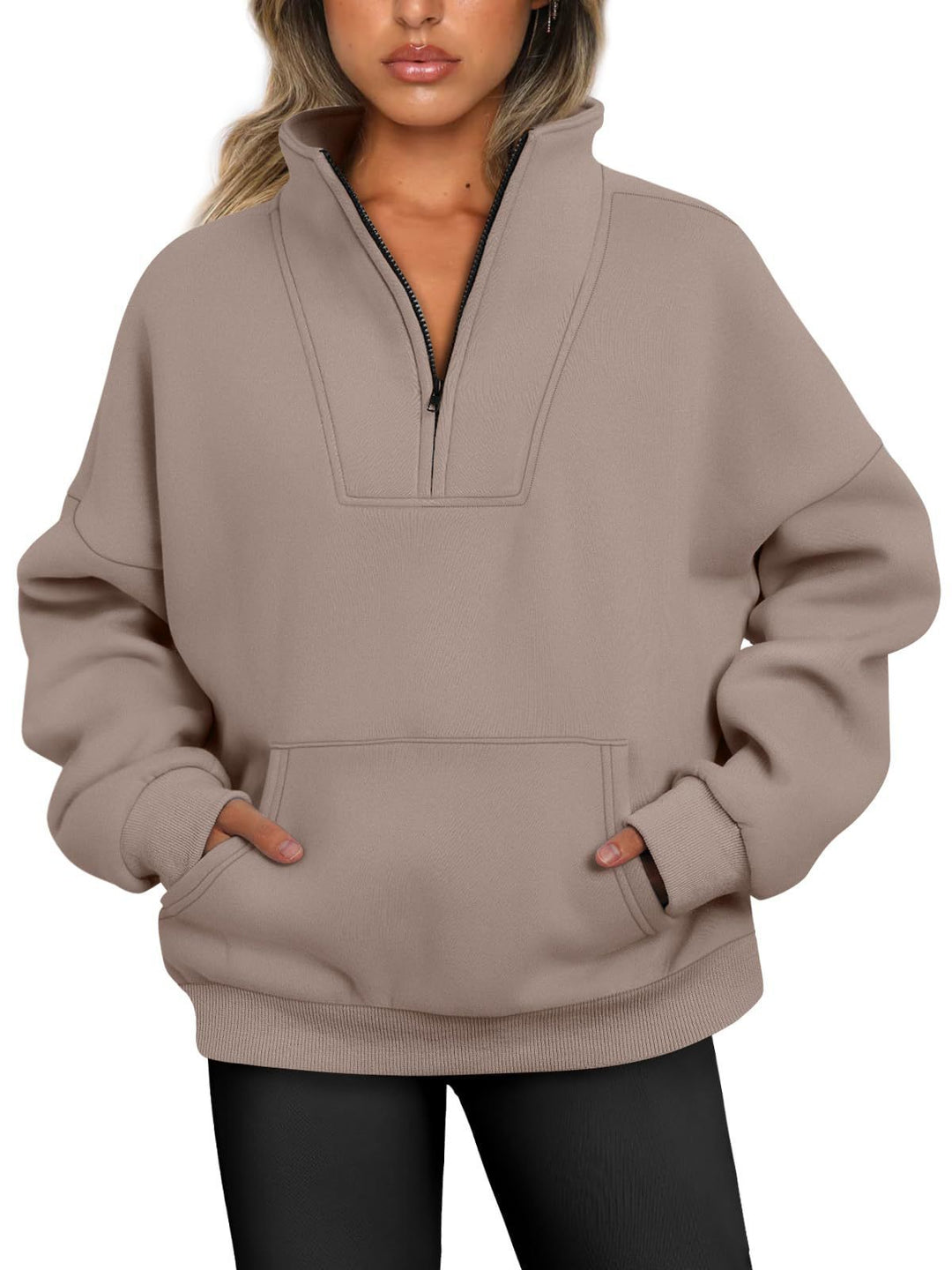 Damen nan oversized Halbzip-Hoodie mit hohem Stehkragen, Kängurutasche und gerippten Bündchen Shop Nory