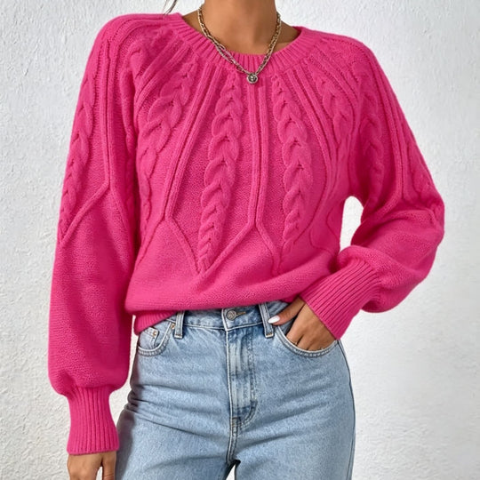 Damen kurzgeschnitteter Grobstrick-Zopfpullover mit Ballonärmeln Shop Nory
