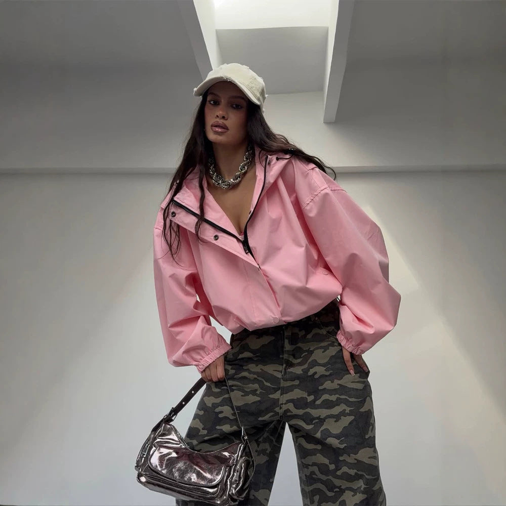 Damen Oversize Windbreaker Jacke mit Kapuze und kurzem Cropped‑Schnitt Shop Nory