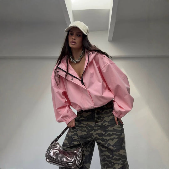 Damen Oversize Windbreaker Jacke mit Kapuze und kurzem Cropped‑Schnitt Shop Nory