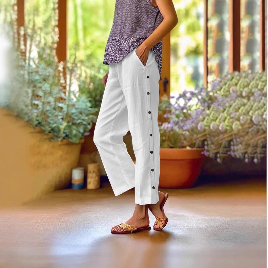 Damen Leichte Leinenmix-Hose mit seitlicher Knopfleiste und geradem Cropped-Schnitt Shop Nory
