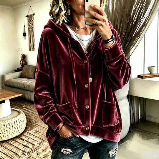 Damen Oversize Kapuzen-Samtjacke mit Knopfleiste und aufgesetzten Taschen Shop Nory