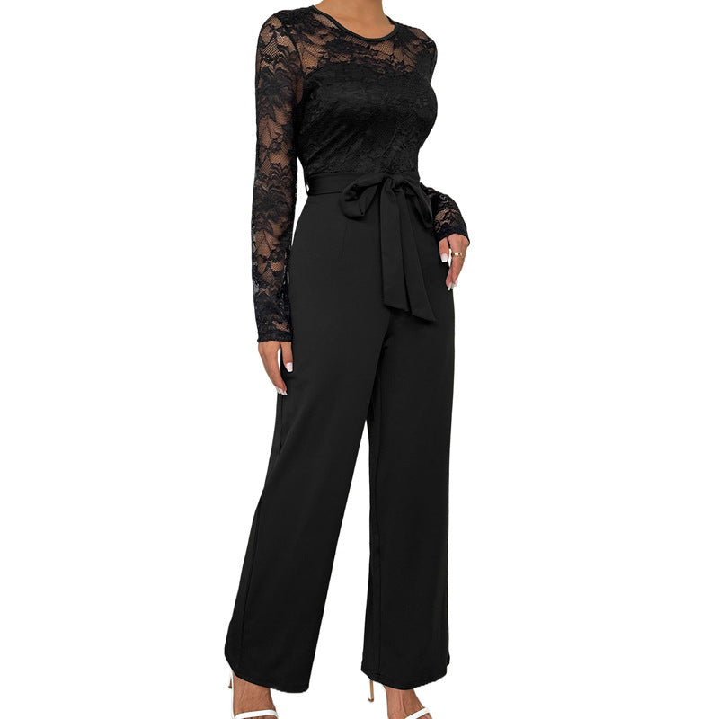 Damen Spitzen-Einteiler mit Taillengürtel und weitem Bein Shop Nory