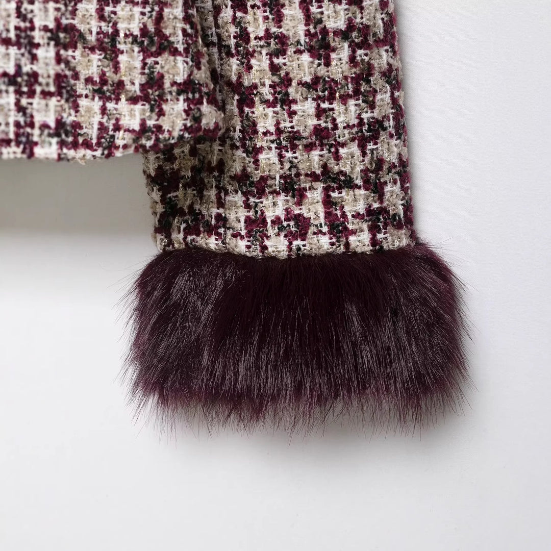Damen Bouclé-Tweed Jacke mit Stehkragen und Kunstpelzmanschetten Shop Nory