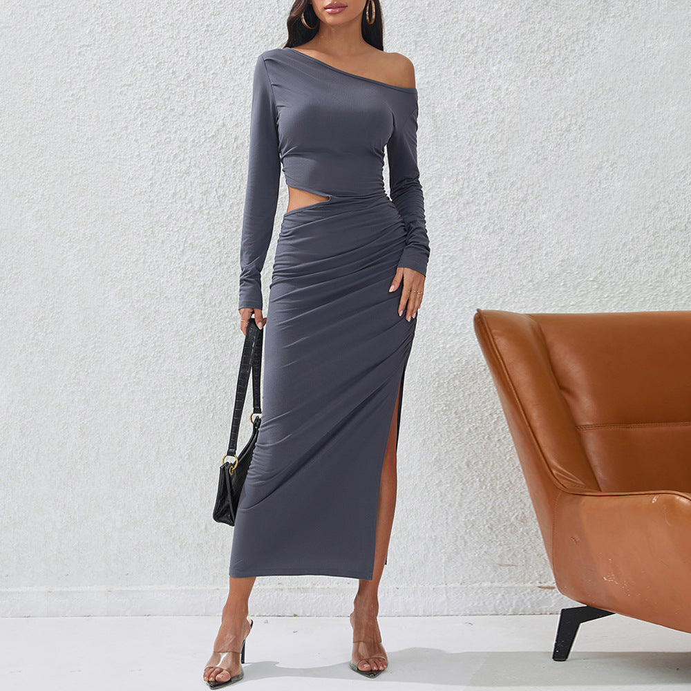 Damen eng anliegendes Maxikleid mit langem Arm seitlichem Cut-Out geraffter Hüfte und hohem Beinschlitz Shop Nory