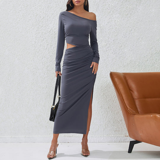 Damen eng anliegendes Maxikleid mit langem Arm seitlichem Cut-Out geraffter Hüfte und hohem Beinschlitz Shop Nory