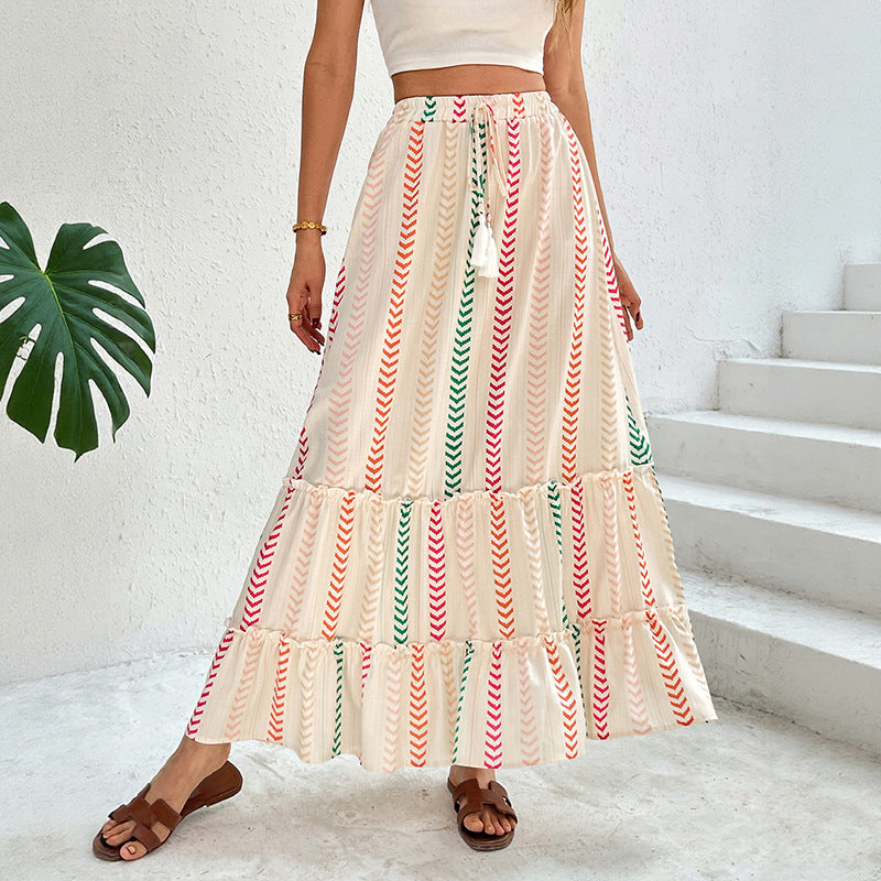 Damen Langer Stufen-Maxi-Rock mit Ethno-Streifen und Kordelbund Shop Nory