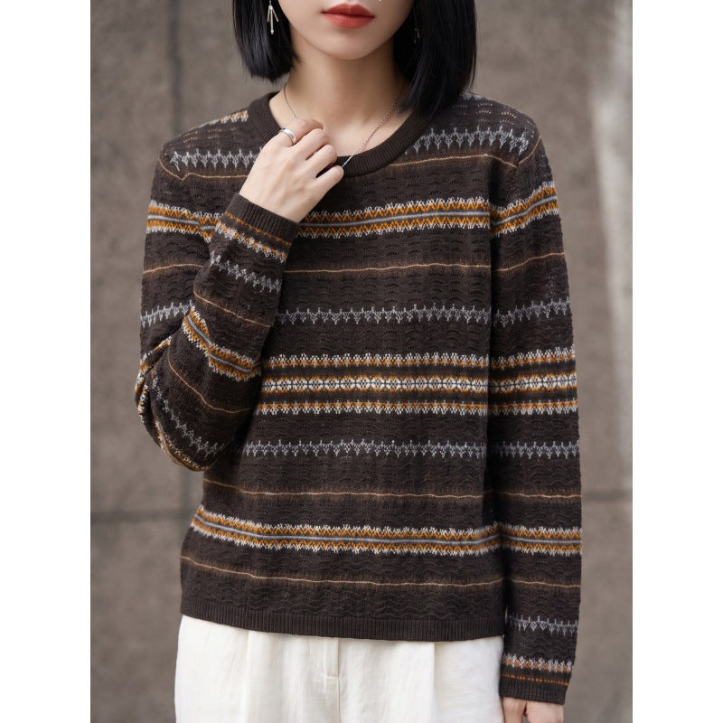 Damen Leichter Rundhals-Pullover im Norwegerstreifen-Design mit strukturierter Ajouroptik Shop Nory