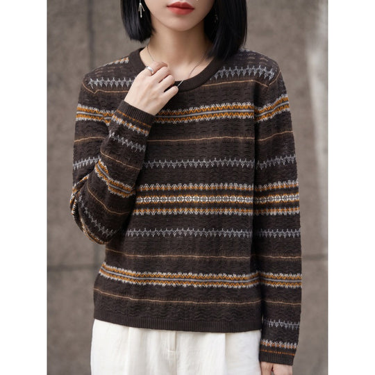 Damen Leichter Rundhals-Pullover im Norwegerstreifen-Design mit strukturierter Ajouroptik Shop Nory