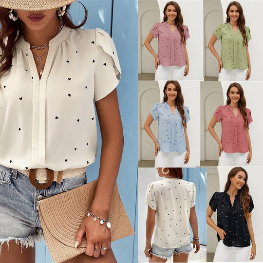 Damen Leichte Chiffonbluse mit V-Ausschnitt, Herzchenprint und gerafften Kurzärmeln Shop Nory
