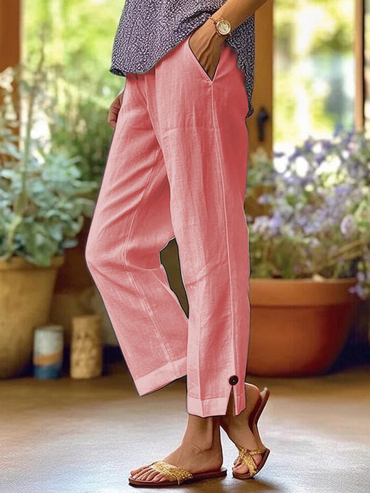 Damen Leinenhose mit lockerer, knöchellanger Passform, seitlichen Eingrifftaschen und Zierknopf-Details Shop Nory