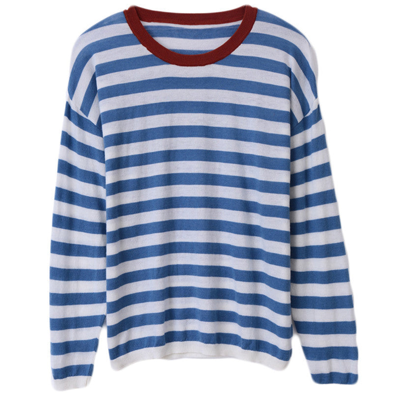 Damen Maritim-inspiriertes gestreiftes Feinstrick-Shirt mit weitem Boot-Ausschnitt und Kontrastkante Shop Nory