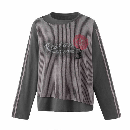 Damen Lässiges Sweatshirt mit gestreiftem Overlay, Ziernähten und Rosenprint Shop Nory