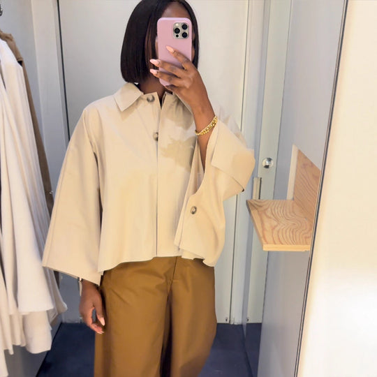 Damen kastige Cropped-Hemdbluse mit weitem Fledermausärmel und feiner Kellerfalte Shop Nory