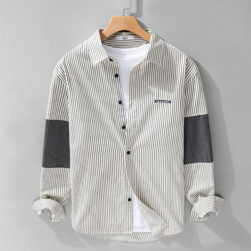 Herren Langarm-Hemd mit feinen Nadelstreifen, Kontrast-Ellbogen und gerundetem Saum Shop Nory
