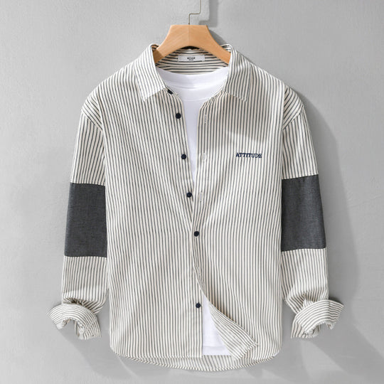 Herren Langarm-Hemd mit feinen Nadelstreifen, Kontrast-Ellbogen und gerundetem Saum Shop Nory