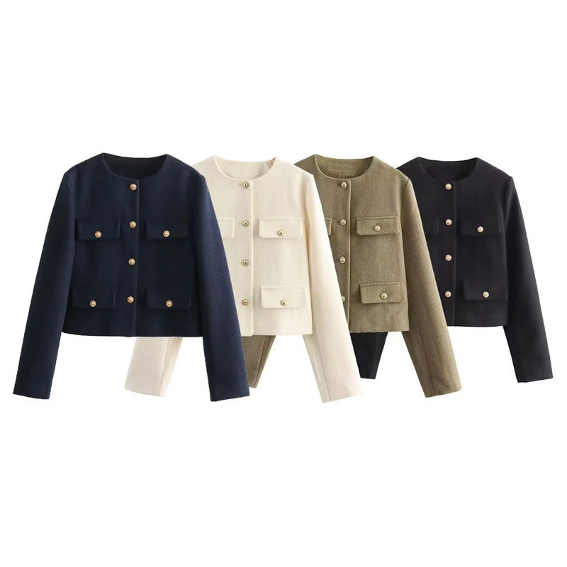Damen Modische Kurzjacke mit dekorativen Knöpfen und praktischen Taschen
