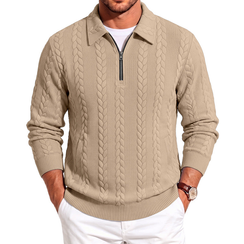Herren Strukturiertes Kabelstrick-Halbreißverschluss-Pullover mit Hemdkragen und Rippbündchen Shop Nory