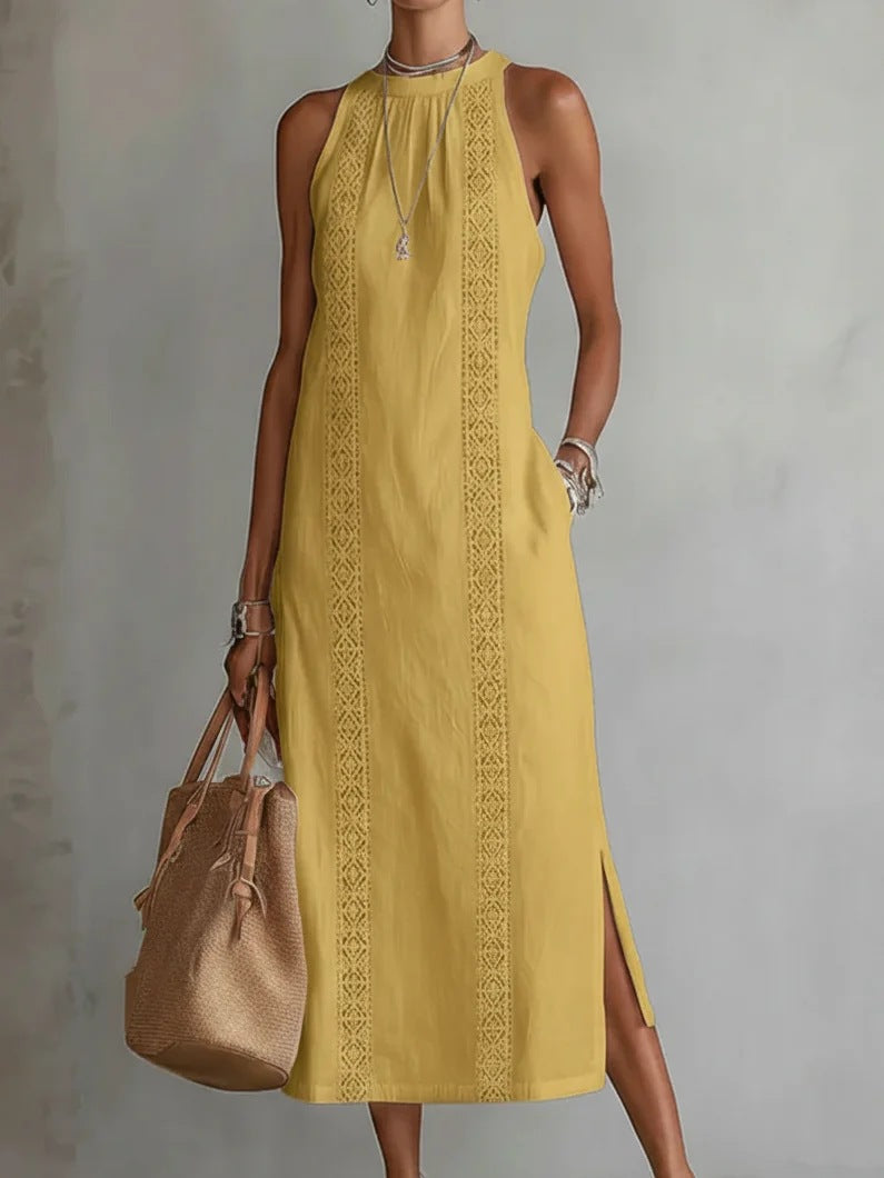 Damen Elegantes Sommer-Maxi-Kleid mit Spitzenapplikation und seitlichem Schlitz