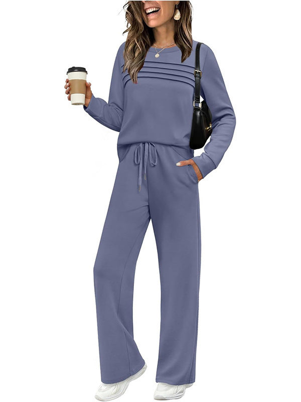 Damen Zweiteiliges Lounge-Set mit Plissee-Detail, Rundhals-Sweatshirt und weitem Kordel-Hose Shop Nory
