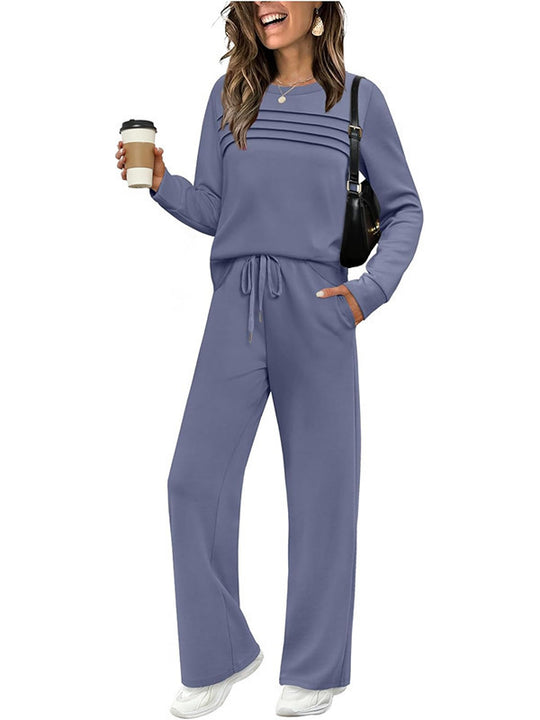 Damen Zweiteiliges Lounge-Set mit Plissee-Detail, Rundhals-Sweatshirt und weitem Kordel-Hose Shop Nory