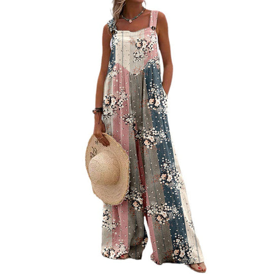 Damen Weit geschnittene Latzhose mit floralem Muster und praktischen Taschen Shopnory