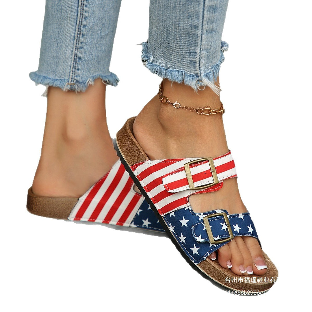 Damen Lässige Kork‑Fußbett Sandalen mit verstellbaren Doppelriemen und Sternstreifenmuster Shop Nory
