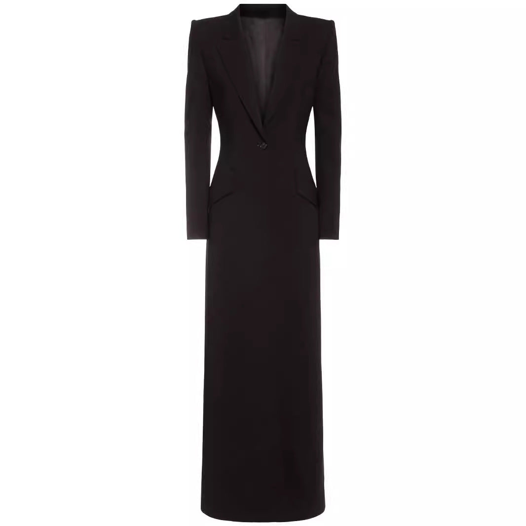 Damen Langes tailliertes Blazerkleid mit tiefem V‑Ausschnitt und strukturierten Schulterpolstern Shop Nory