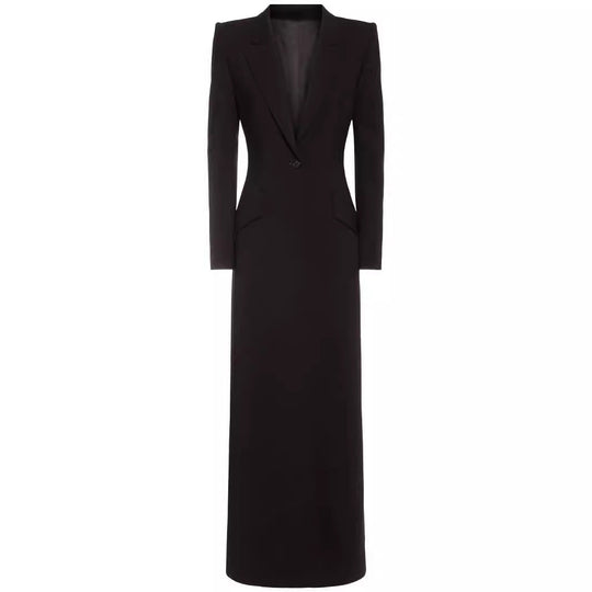 Damen Langes tailliertes Blazerkleid mit tiefem V‑Ausschnitt und strukturierten Schulterpolstern Shop Nory