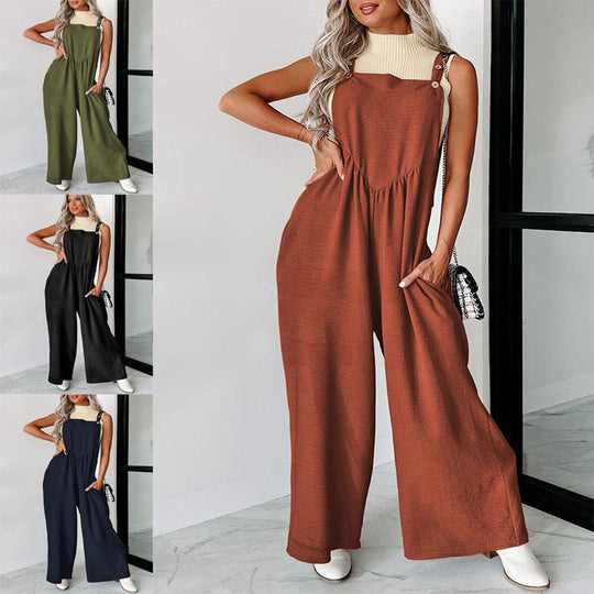 Damen lässiger Jumpsuit mit weit geschnittenem Bein und dekorativen Knopfdetails