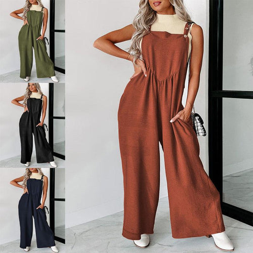 Damen lässiger Jumpsuit mit weit geschnittenem Bein und dekorativen Knopfdetails
