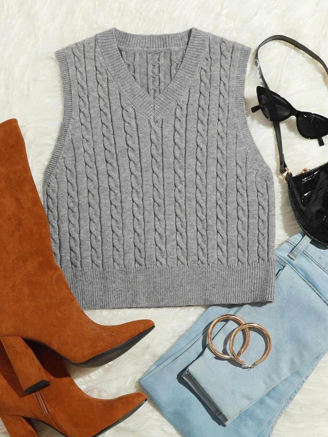 Damen Klassische Zopfmuster-Strickweste mit schmaler Passform und V-Ausschnitt Shop Nory