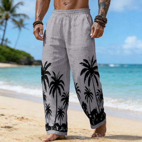 Herren Lässige weite Leinenhose mit elastischem Bund und tonalem Palmenprint Shop Nory