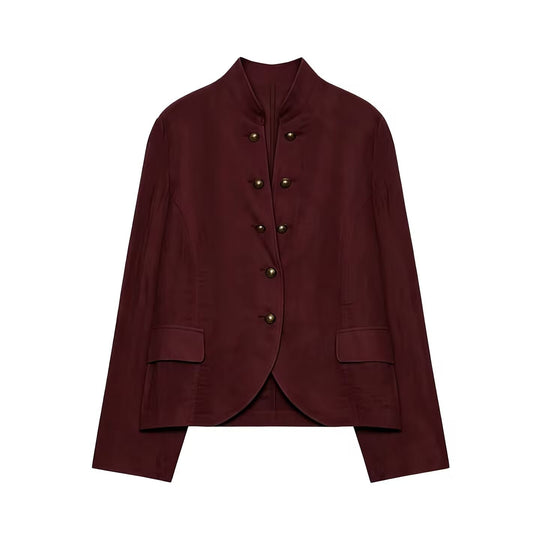 Damen Taillierter Stehkragen-Blazer mit dekorativen Metallknöpfen Shop Nory