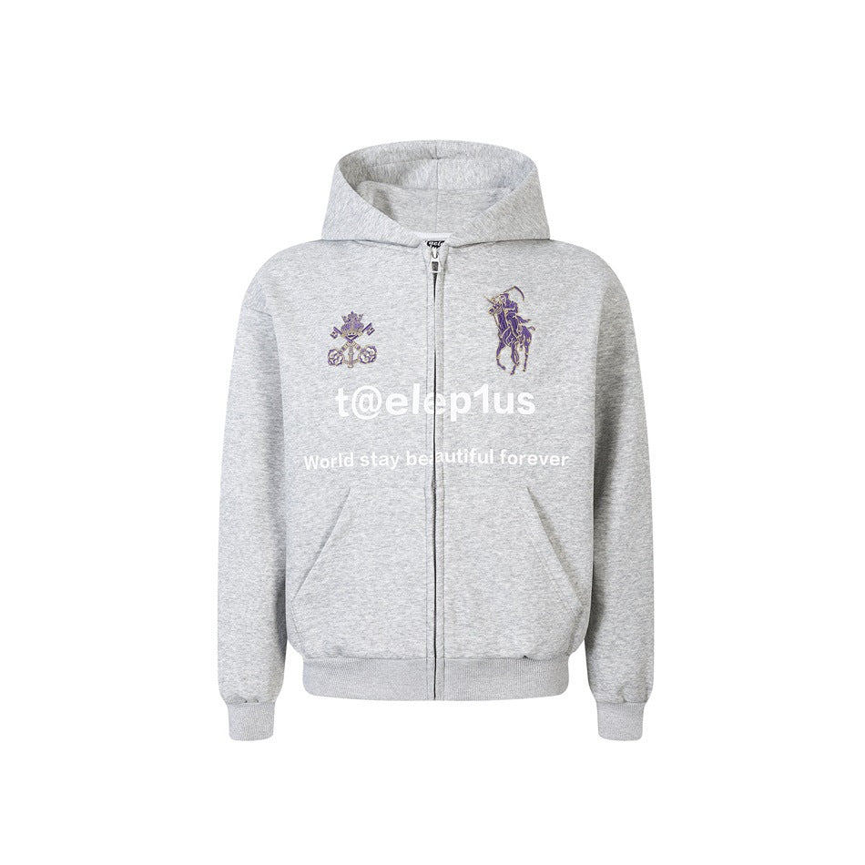 Unisex Kapuzen‑Zipjacke mit gestickten Wappen und Frontprint Shop Nory