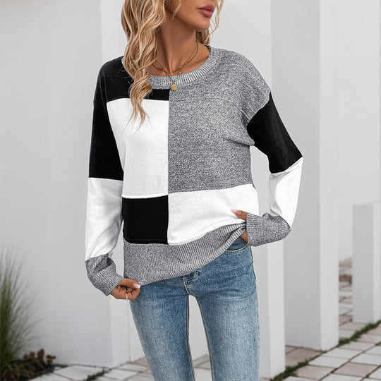 Damen Blockmuster-Strickpullover mit Rundhalsausschnitt und legerer Passform Shop Nory