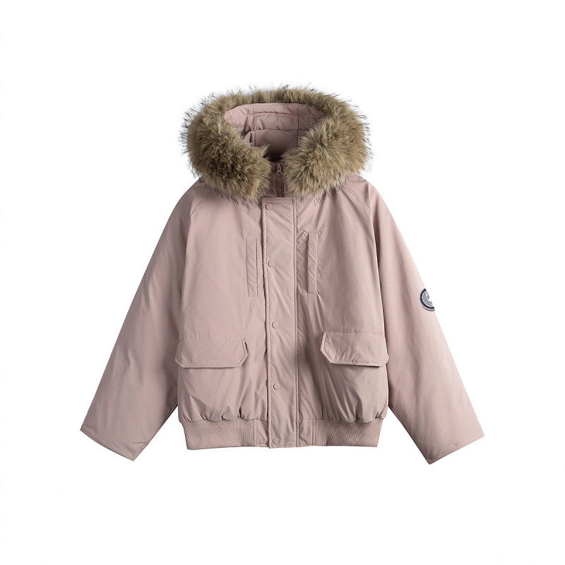 Damen Kurz-Bomberjacke mit Thermowattierung, Kapuze mit abnehmbarem Kunstfell und Utility-Taschen Shop Nory