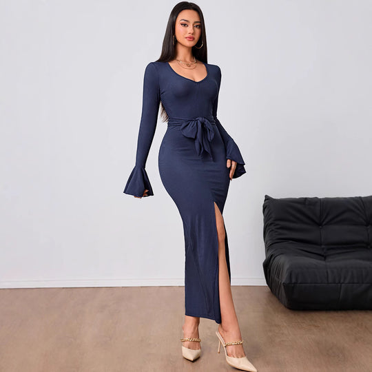 Damen figurbetontes Maxikleid mit V-Ausschnitt Trompetenärmeln Taillenband und hohem Seitenschlitz Shop Nory