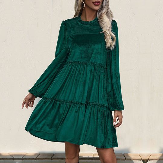 Damen Samtkleid mit Stufenrock, Raffung und Stehkragen Shop Nory